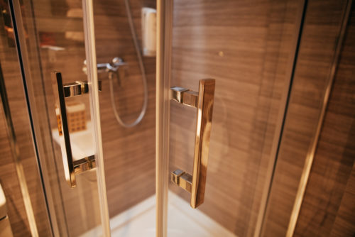beautiful brass and wooden shower